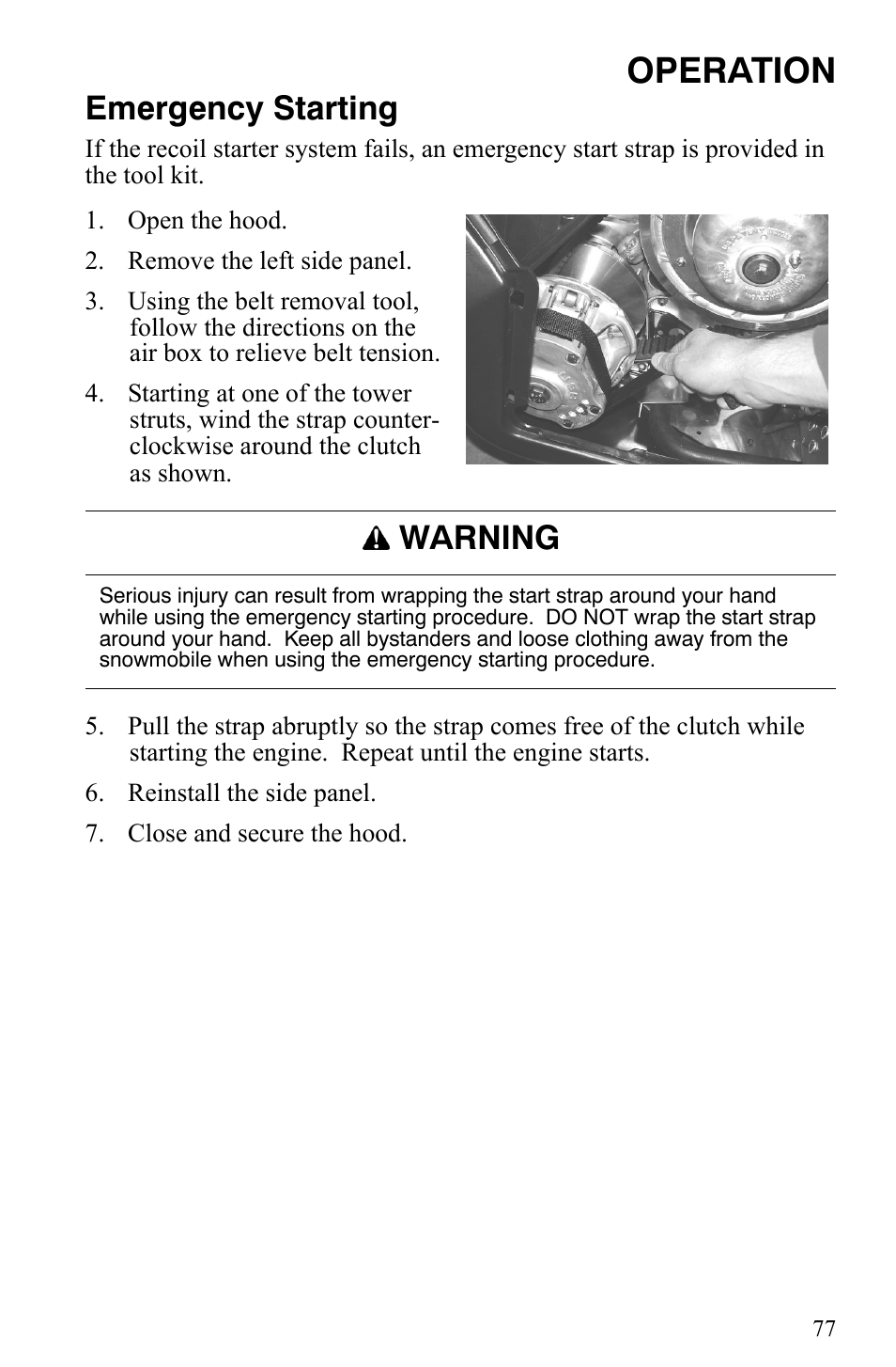 Operation, Emergency starting, Warning | Polaris 600 HO IQ User Manual | Page 80 / 145