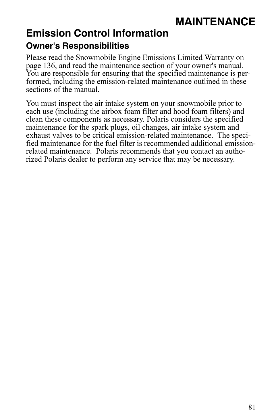 Maintenance, Emission control information | Polaris 600 HO IQ User Manual | Page 84 / 145
