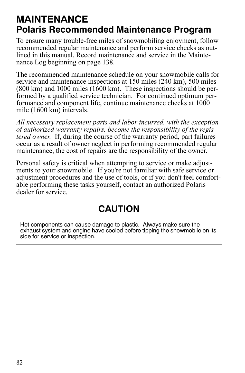 Maintenance, Polaris recommended maintenance program, Caution | Polaris 600 HO IQ User Manual | Page 85 / 145