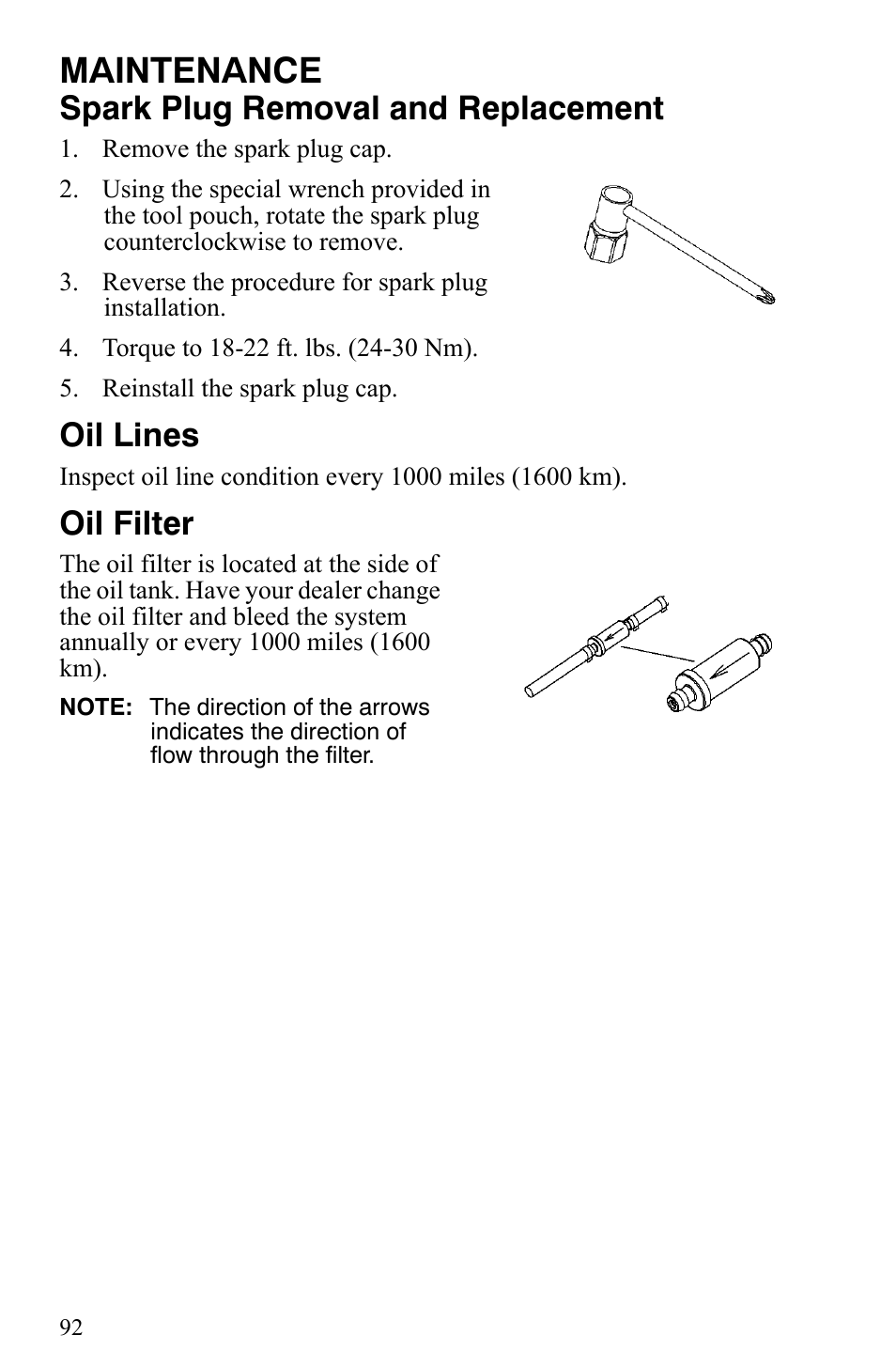 Maintenance, Spark plug removal and replacement, Oil lines | Oil filter | Polaris 600 HO IQ User Manual | Page 95 / 145
