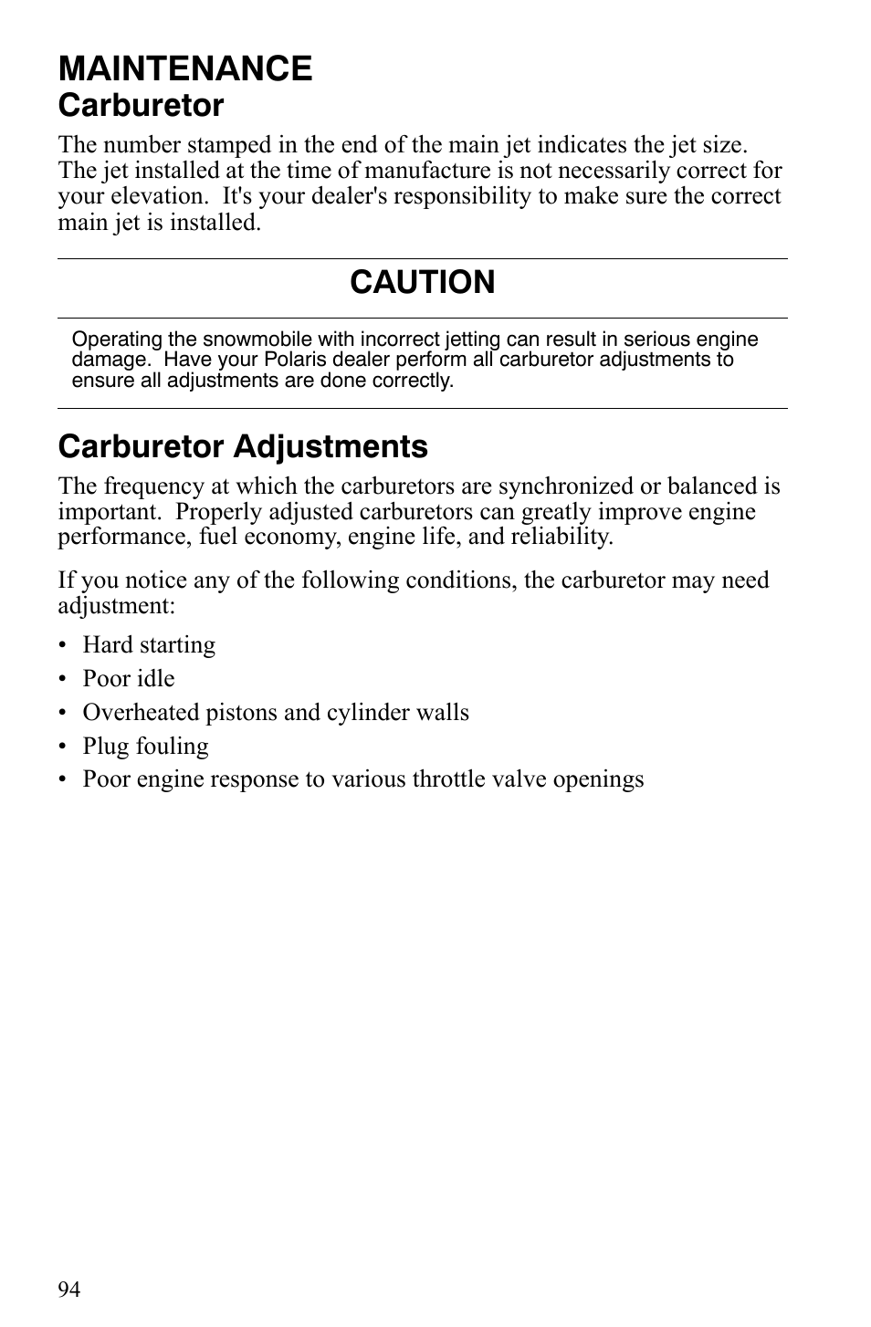 Maintenance, Carburetor, Carburetor adjustments | Caution | Polaris 600 HO IQ User Manual | Page 97 / 145