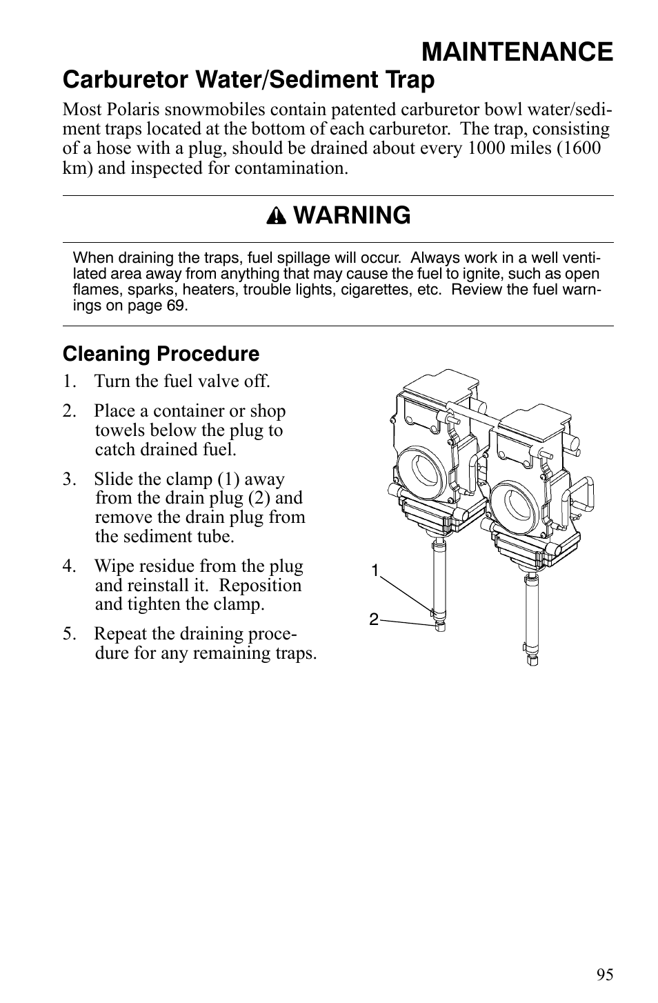 Maintenance, Carburetor water/sediment trap, Warning | Polaris 600 HO IQ User Manual | Page 98 / 145