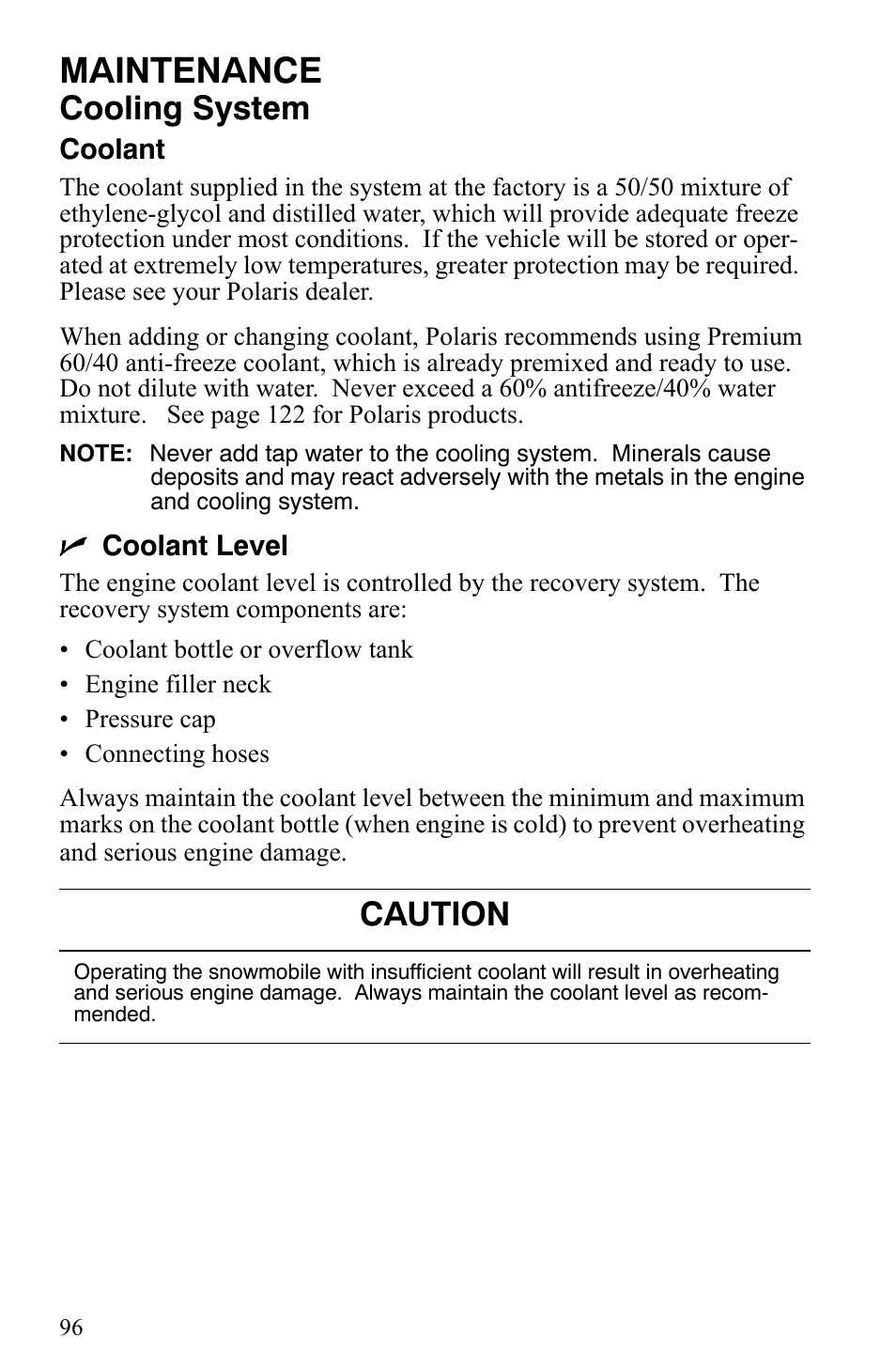 Maintenance, Cooling system, Caution | Polaris 600 HO IQ User Manual | Page 99 / 145
