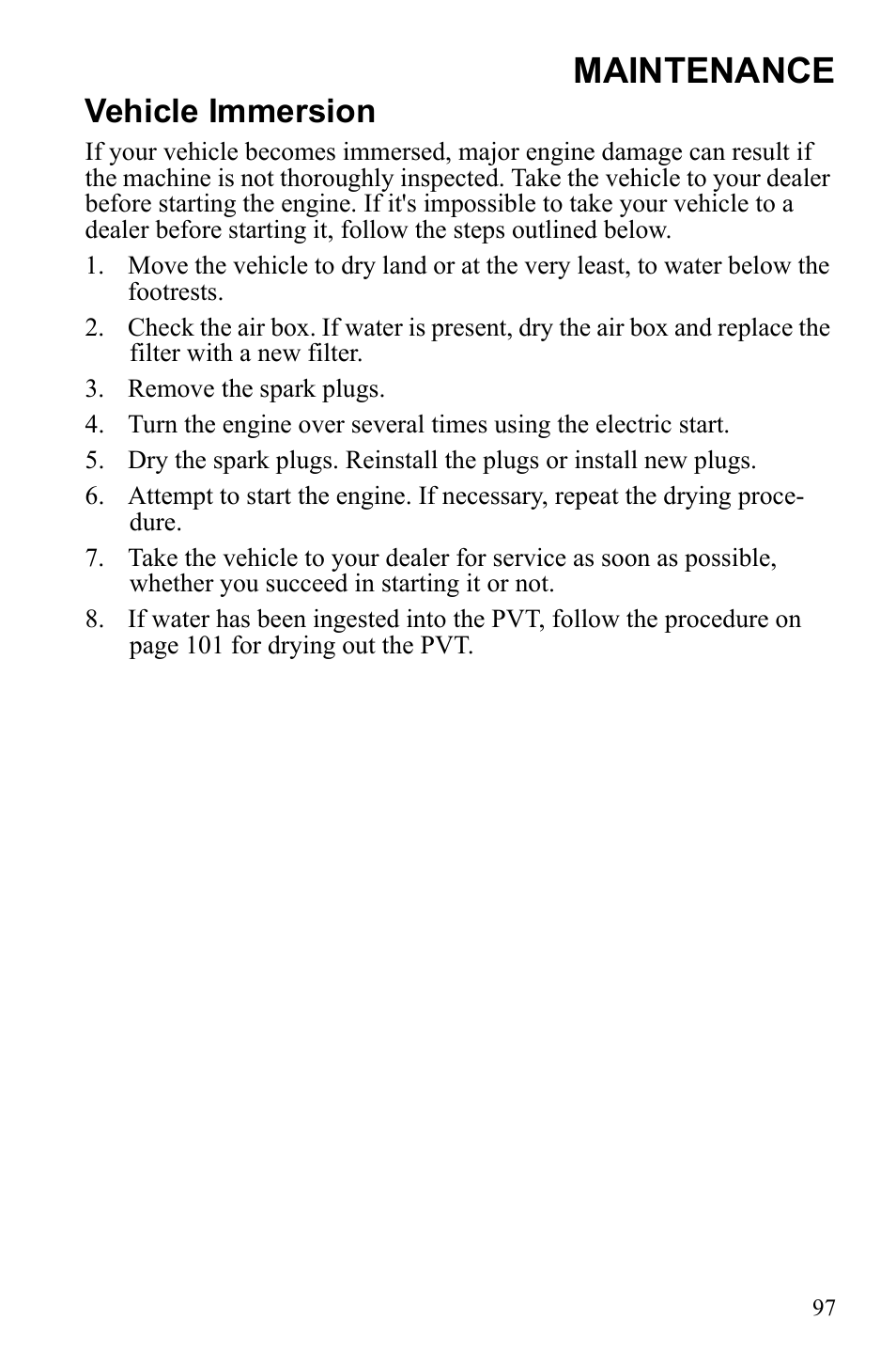 Maintenance, Vehicle immersion | Polaris Sportsman 550 XP User Manual | Page 100 / 137