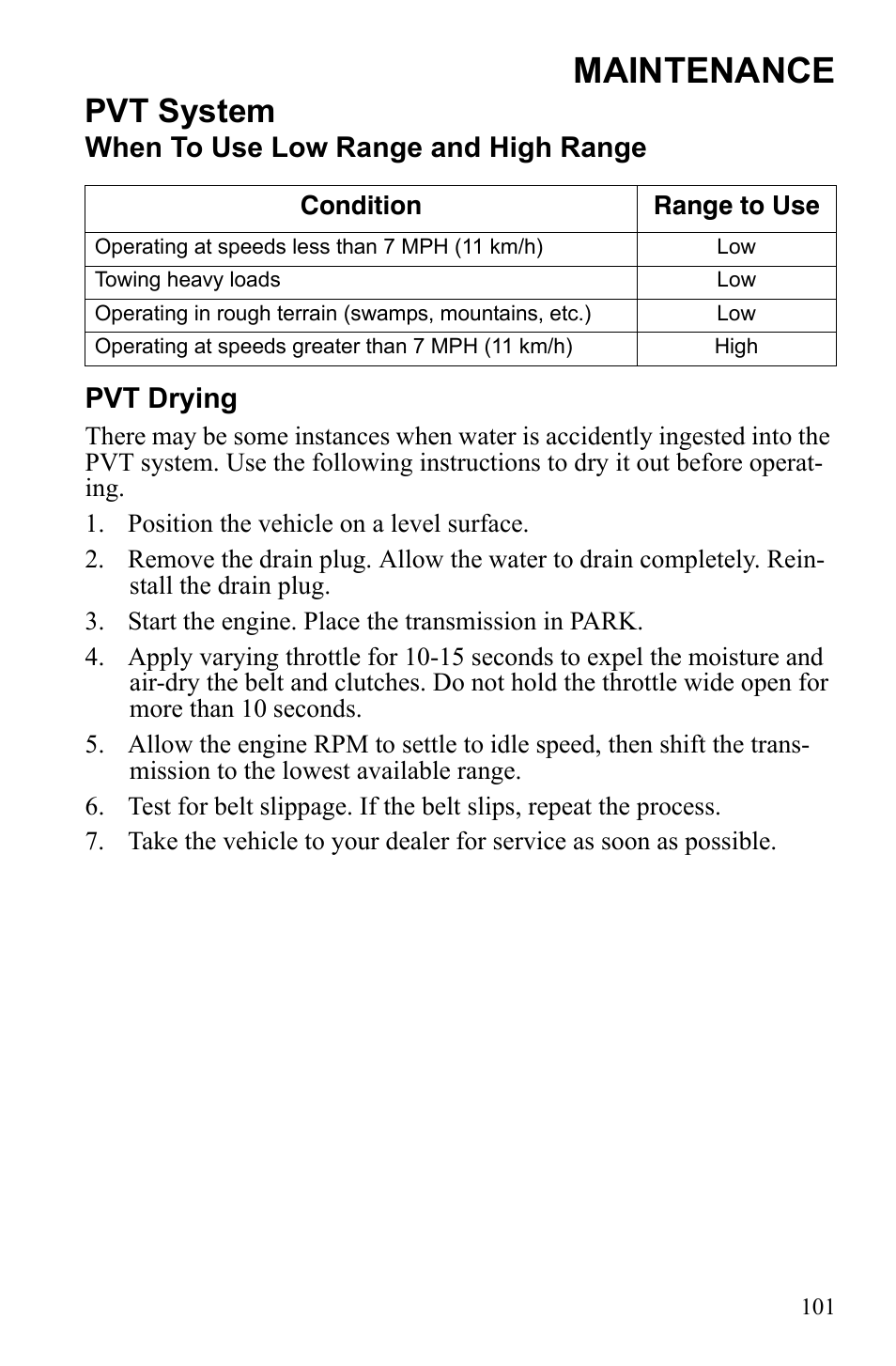 Maintenance, Pvt system, When to use low range and high range pvt drying | Polaris Sportsman 550 XP User Manual | Page 104 / 137