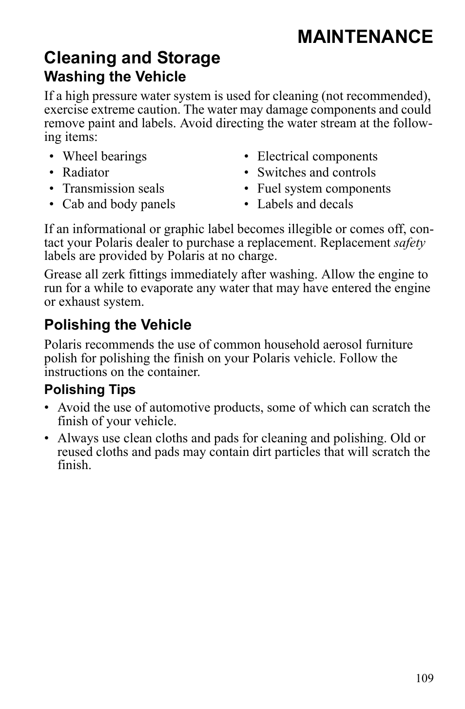 Maintenance, Cleaning and storage | Polaris Sportsman 550 XP User Manual | Page 112 / 137