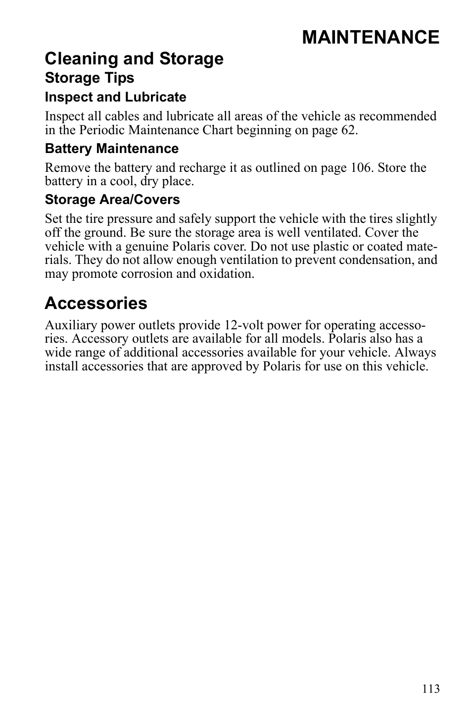 Maintenance, Cleaning and storage, Accessories | Polaris Sportsman 550 XP User Manual | Page 116 / 137
