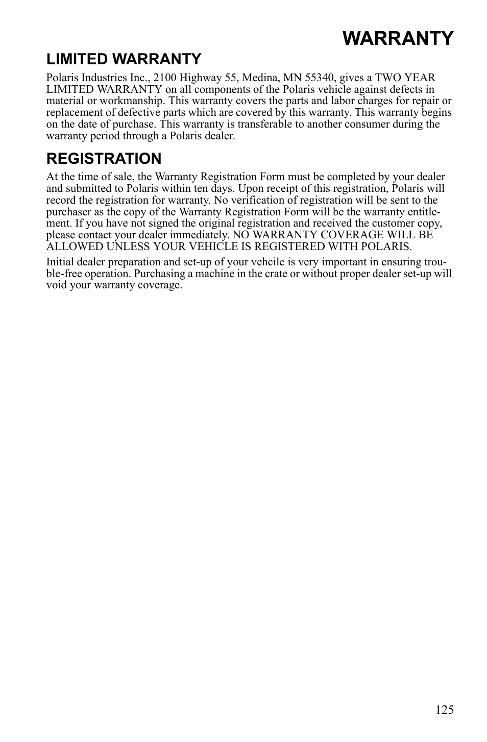 Warranty, Limited warranty, Registration | Polaris Sportsman 550 XP User Manual | Page 128 / 137