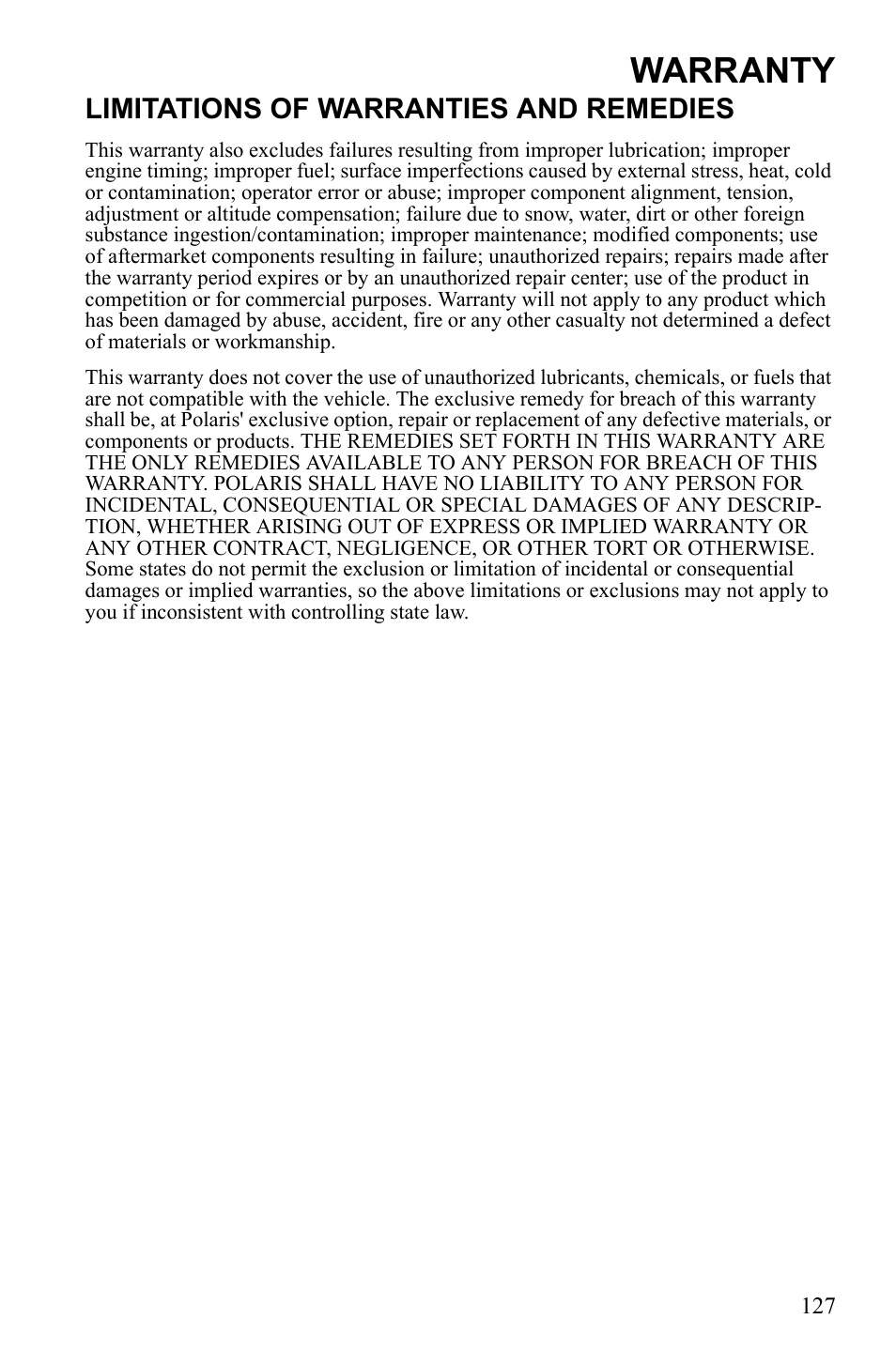 Warranty, Limitations of warranties and remedies | Polaris Sportsman 550 XP User Manual | Page 130 / 137