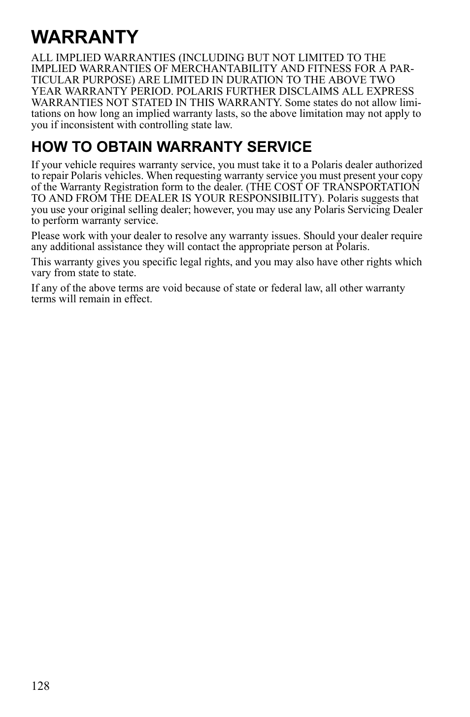 Warranty, How to obtain warranty service | Polaris Sportsman 550 XP User Manual | Page 131 / 137