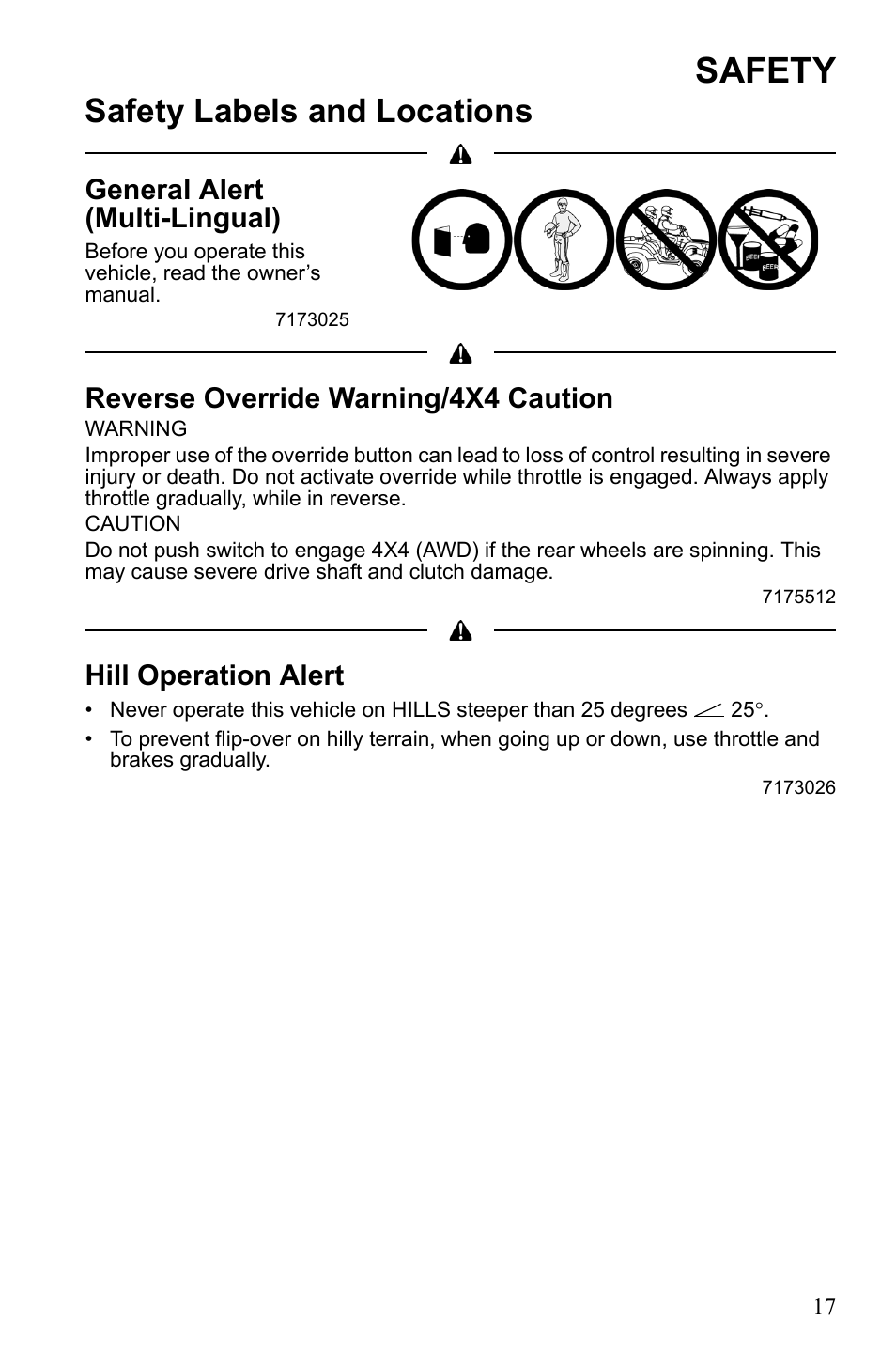 Safety, Safety labels and locations, General alert (multi-lingual) | Reverse override warning/4x4 caution, Hill operation alert | Polaris Sportsman 550 XP User Manual | Page 20 / 137