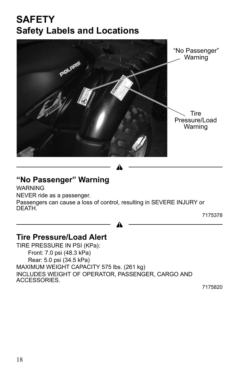 Safety, Safety labels and locations, No passenger” warning | Tire pressure/load alert | Polaris Sportsman 550 XP User Manual | Page 21 / 137