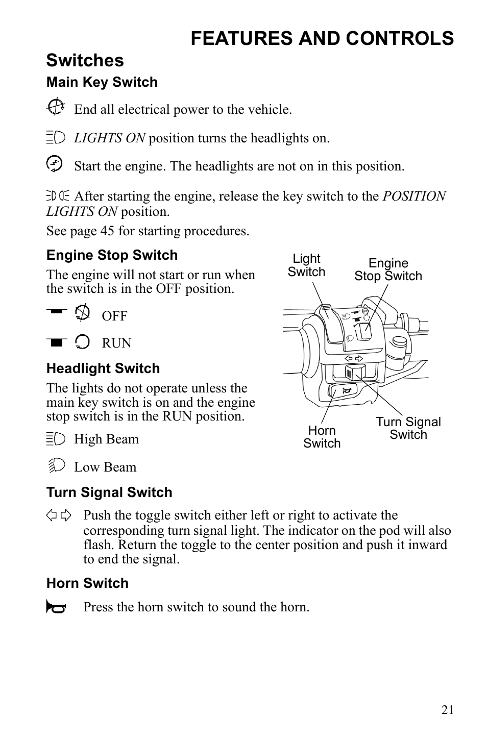 Features and controls, Switches | Polaris Sportsman 550 XP User Manual | Page 24 / 137