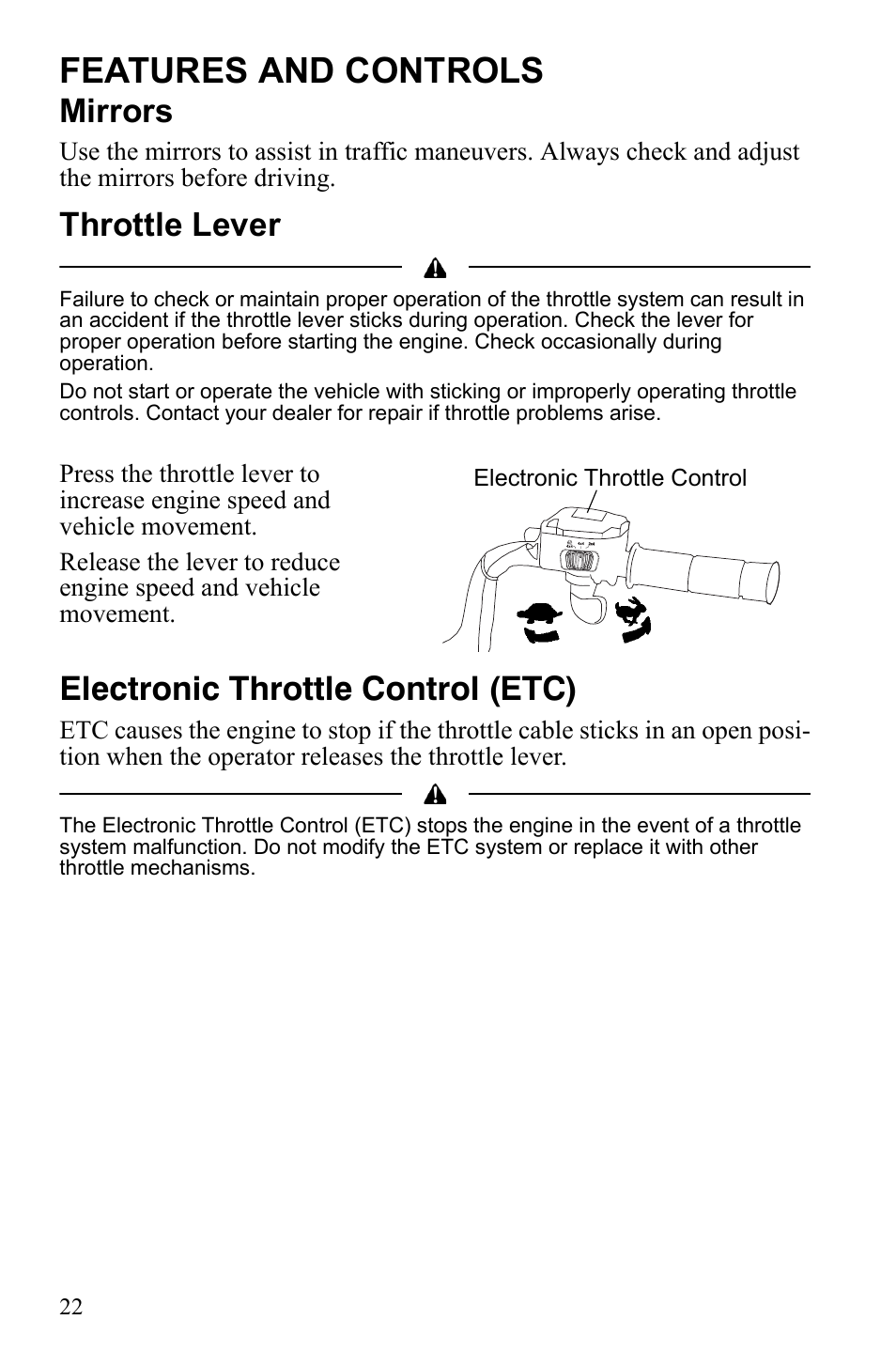 Features and controls, Mirrors, Throttle lever | Electronic throttle control (etc) | Polaris Sportsman 550 XP User Manual | Page 25 / 137