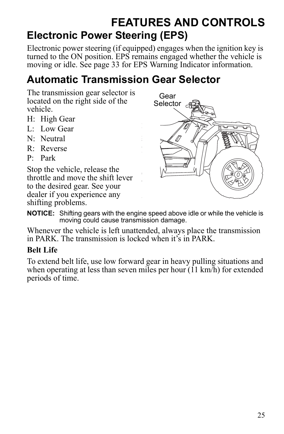 Features and controls, Electronic power steering (eps), Automatic transmission gear selector | Polaris Sportsman 550 XP User Manual | Page 28 / 137