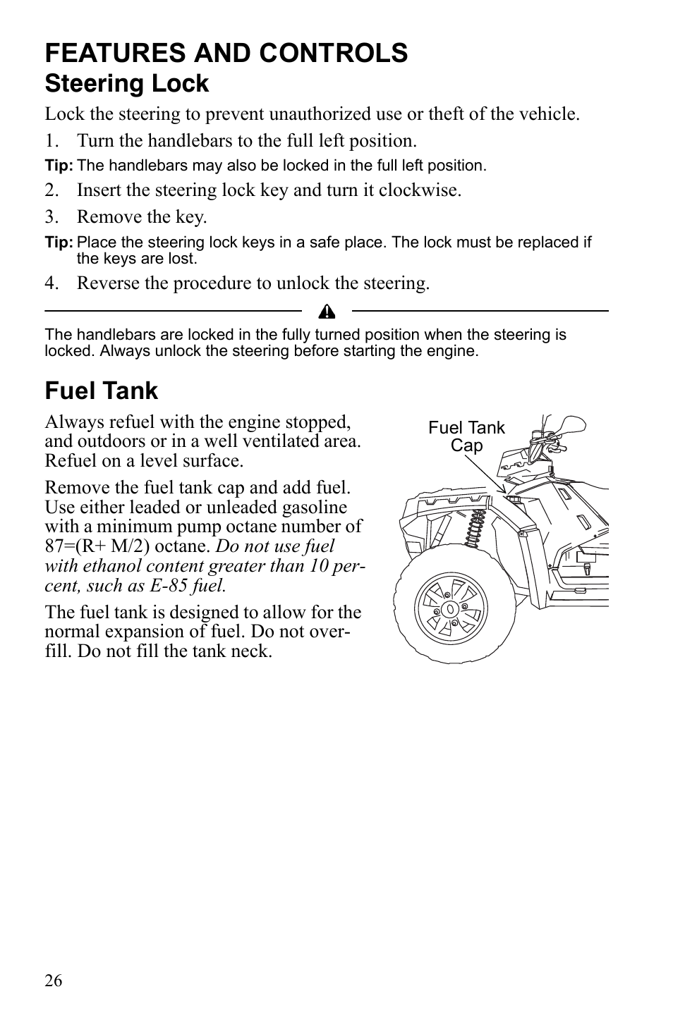 Features and controls, Steering lock, Fuel tank | Polaris Sportsman 550 XP User Manual | Page 29 / 137