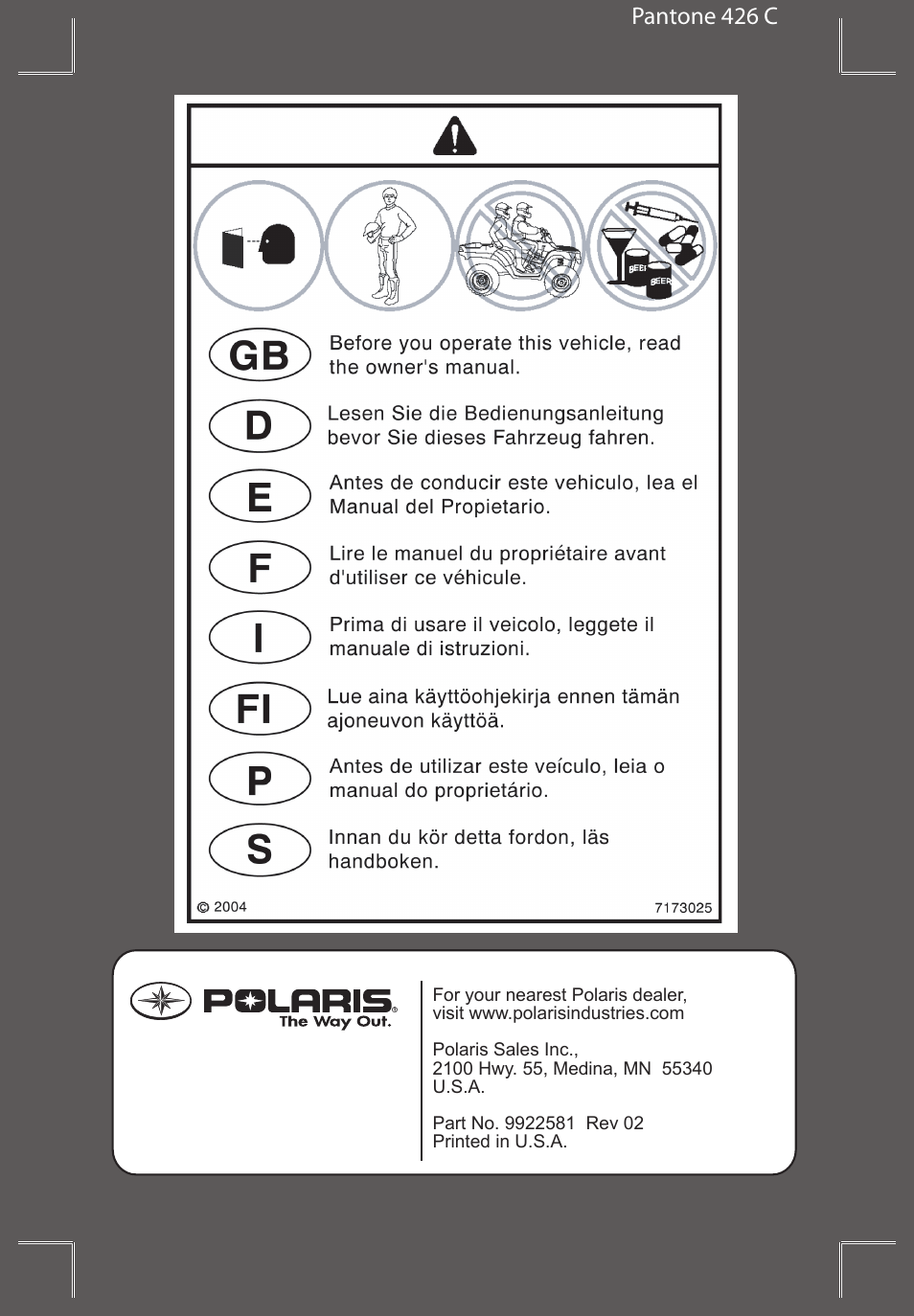 Pantone 426 c | Polaris Sportsman 550 XP User Manual | Page 3 / 137