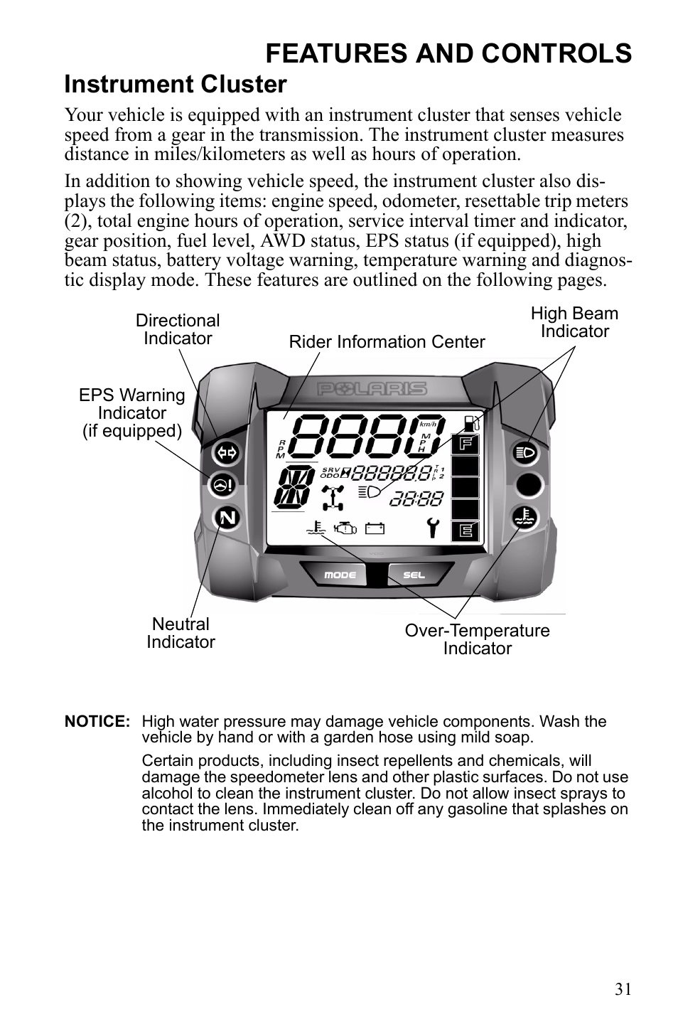 Features and controls, Instrument cluster | Polaris Sportsman 550 XP User Manual | Page 34 / 137