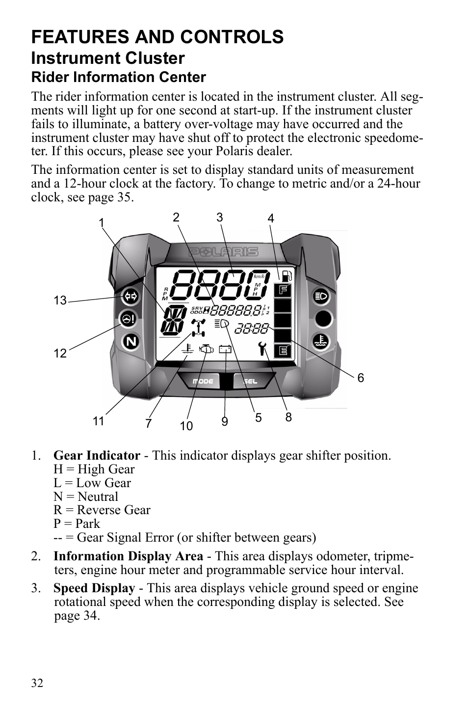 Features and controls, Instrument cluster | Polaris Sportsman 550 XP User Manual | Page 35 / 137
