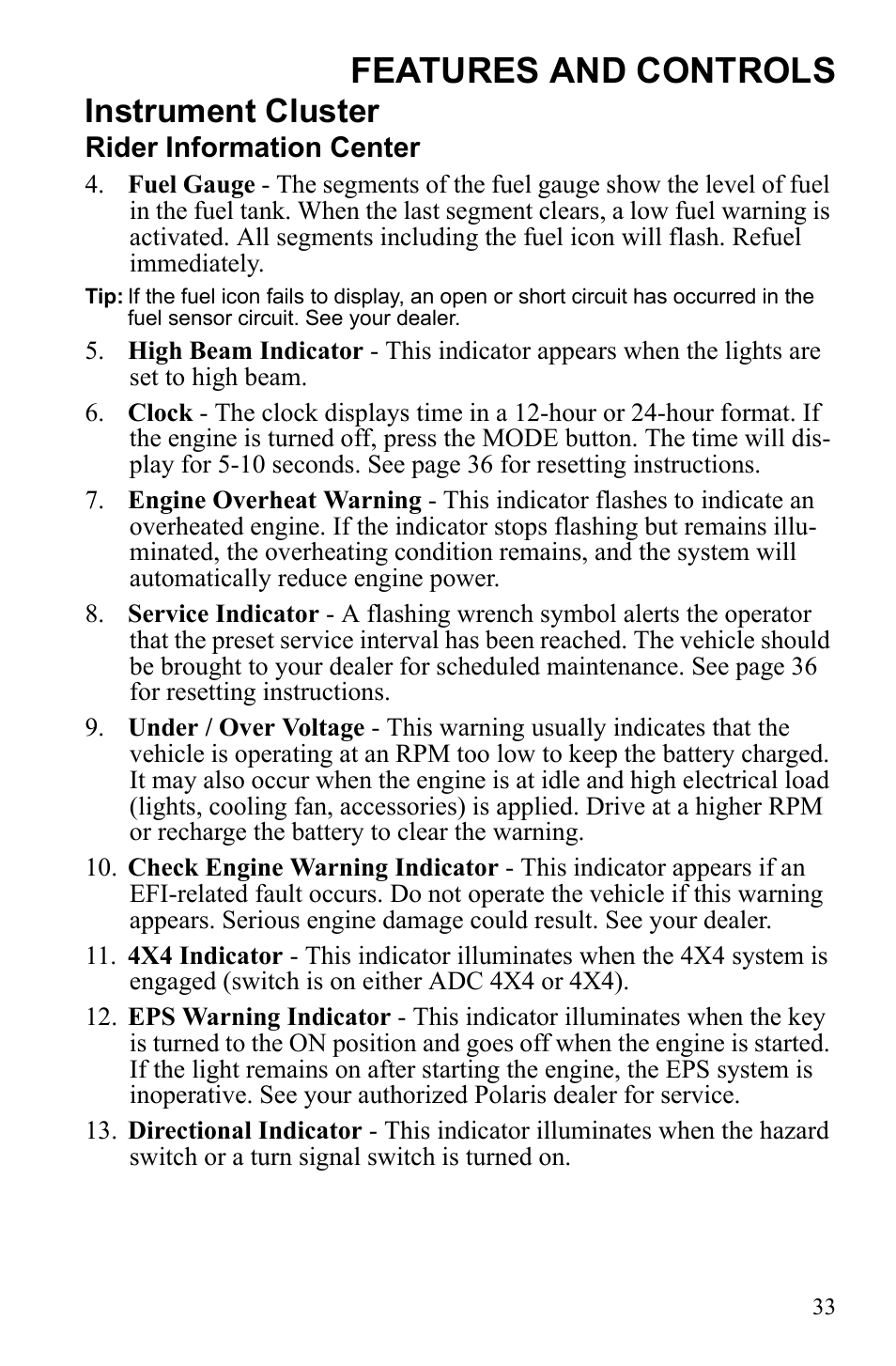 Features and controls, Instrument cluster | Polaris Sportsman 550 XP User Manual | Page 36 / 137
