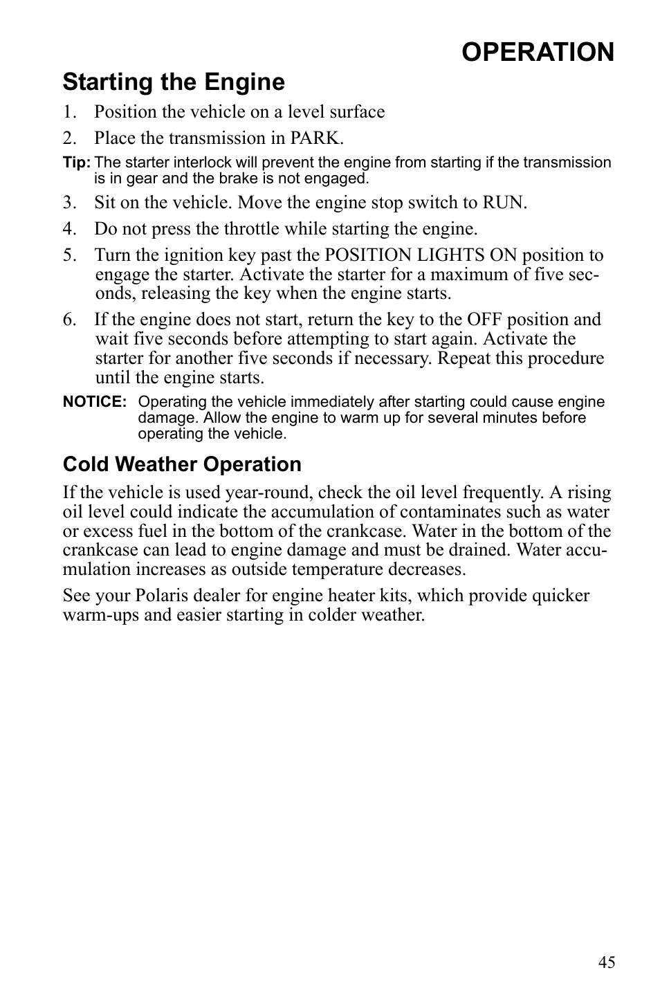 Operation, Starting the engine | Polaris Sportsman 550 XP User Manual | Page 48 / 137