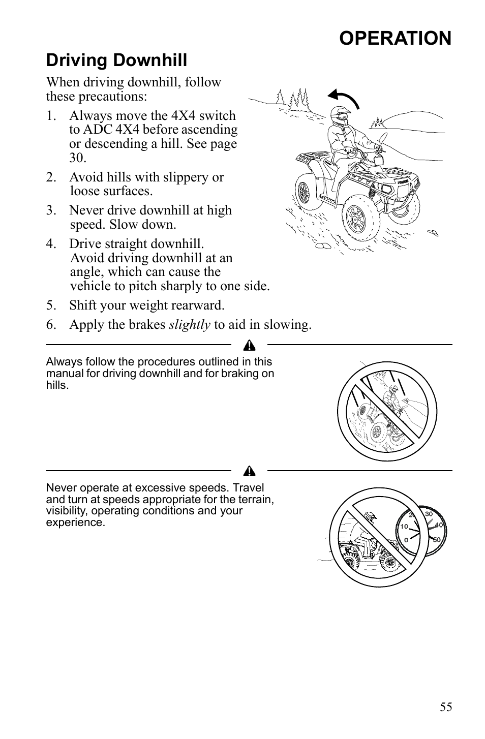 Operation, Driving downhill | Polaris Sportsman 550 XP User Manual | Page 58 / 137