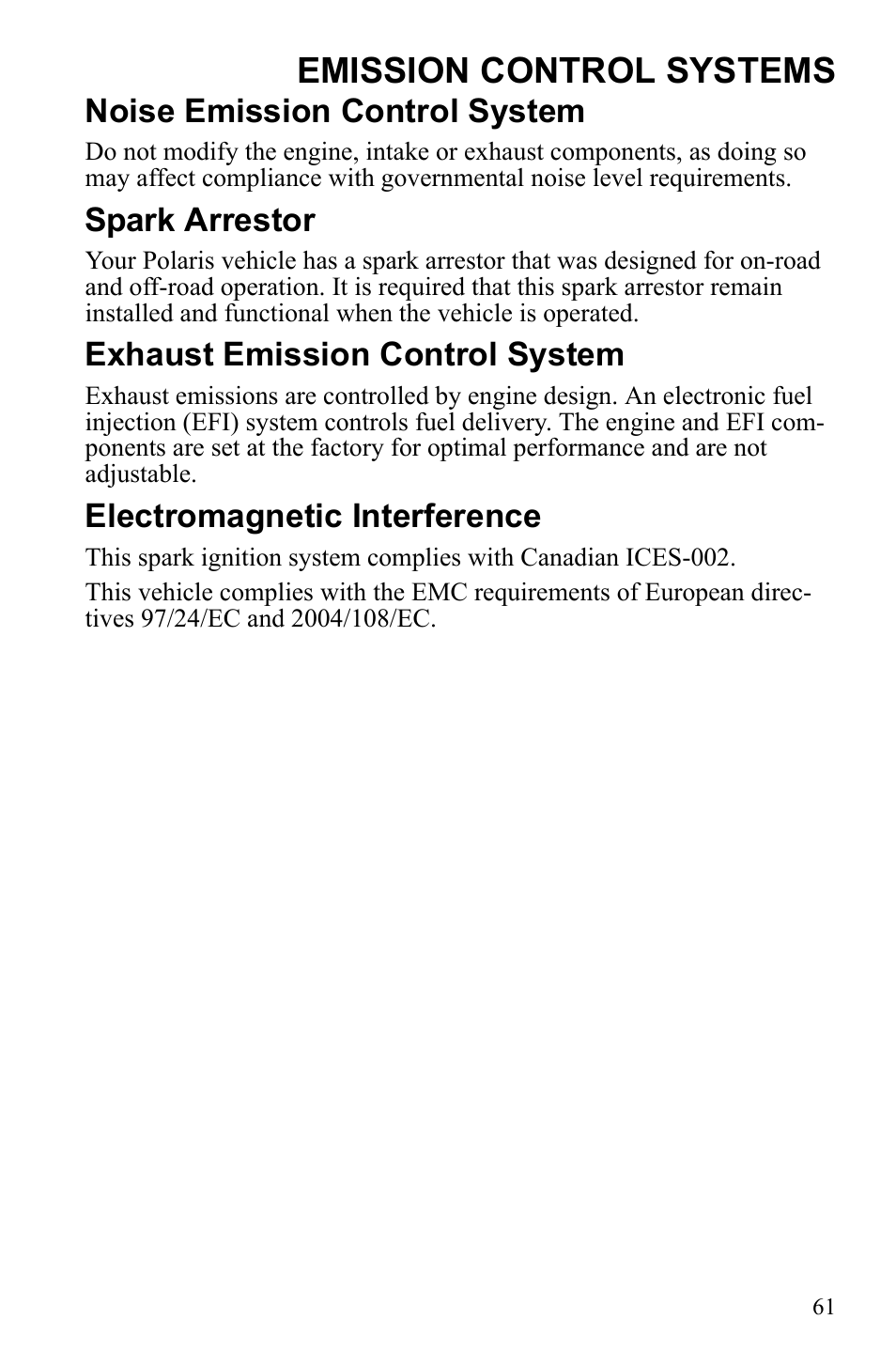 Emission control systems, Noise emission control system, Spark arrestor | Exhaust emission control system, Electromagnetic interference | Polaris Sportsman 550 XP User Manual | Page 64 / 137
