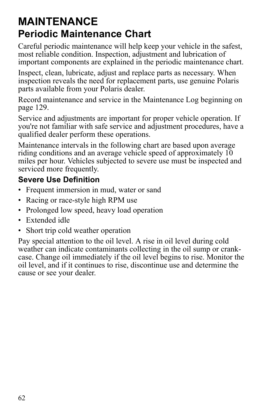 Maintenance, Periodic maintenance chart | Polaris Sportsman 550 XP User Manual | Page 65 / 137