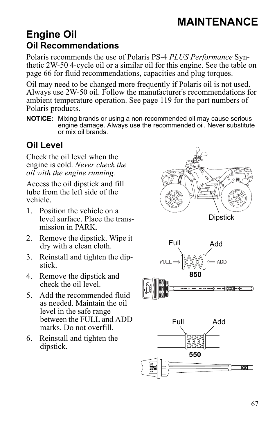 Maintenance, Engine oil | Polaris Sportsman 550 XP User Manual | Page 70 / 137