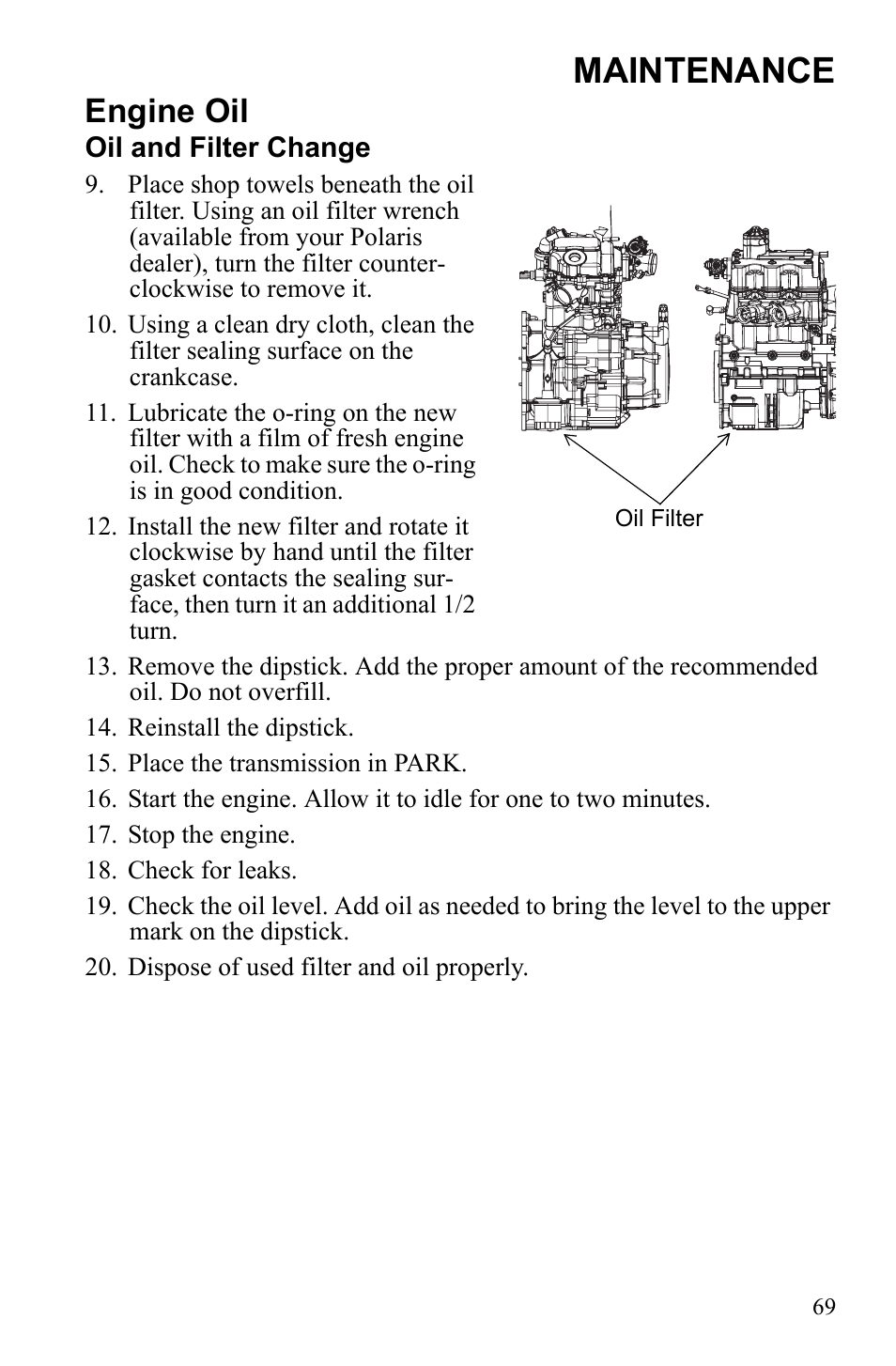 Maintenance, Engine oil | Polaris Sportsman 550 XP User Manual | Page 72 / 137