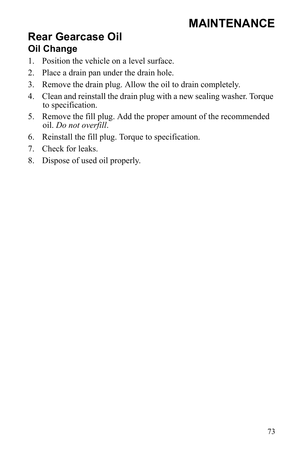 Maintenance, Rear gearcase oil | Polaris Sportsman 550 XP User Manual | Page 76 / 137