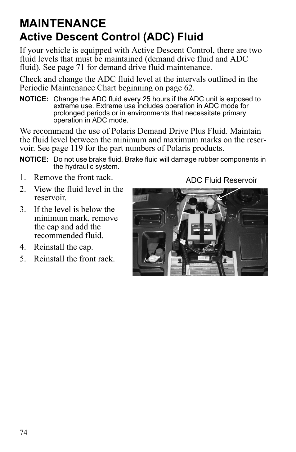 Maintenance, Active descent control (adc) fluid | Polaris Sportsman 550 XP User Manual | Page 77 / 137