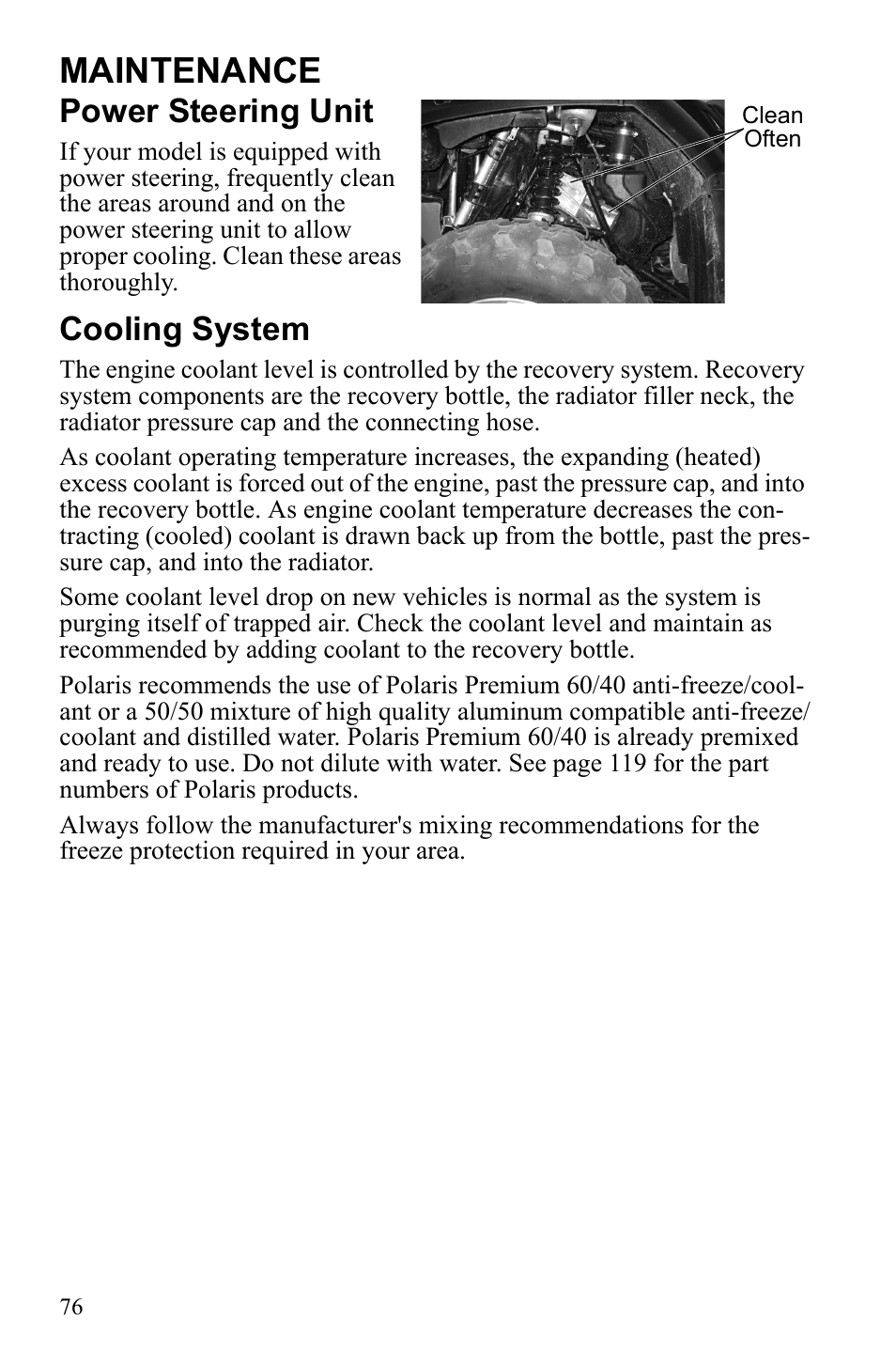 Maintenance, Power steering unit, Cooling system | Polaris Sportsman 550 XP User Manual | Page 79 / 137
