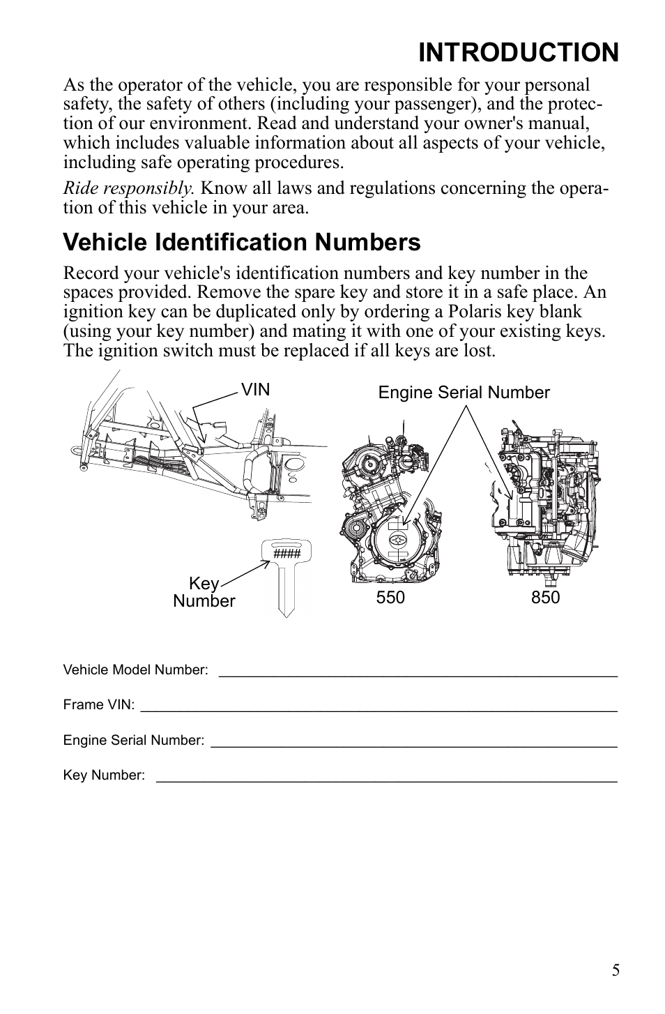 Introduction, Vehicle identification numbers | Polaris Sportsman 550 XP User Manual | Page 8 / 137