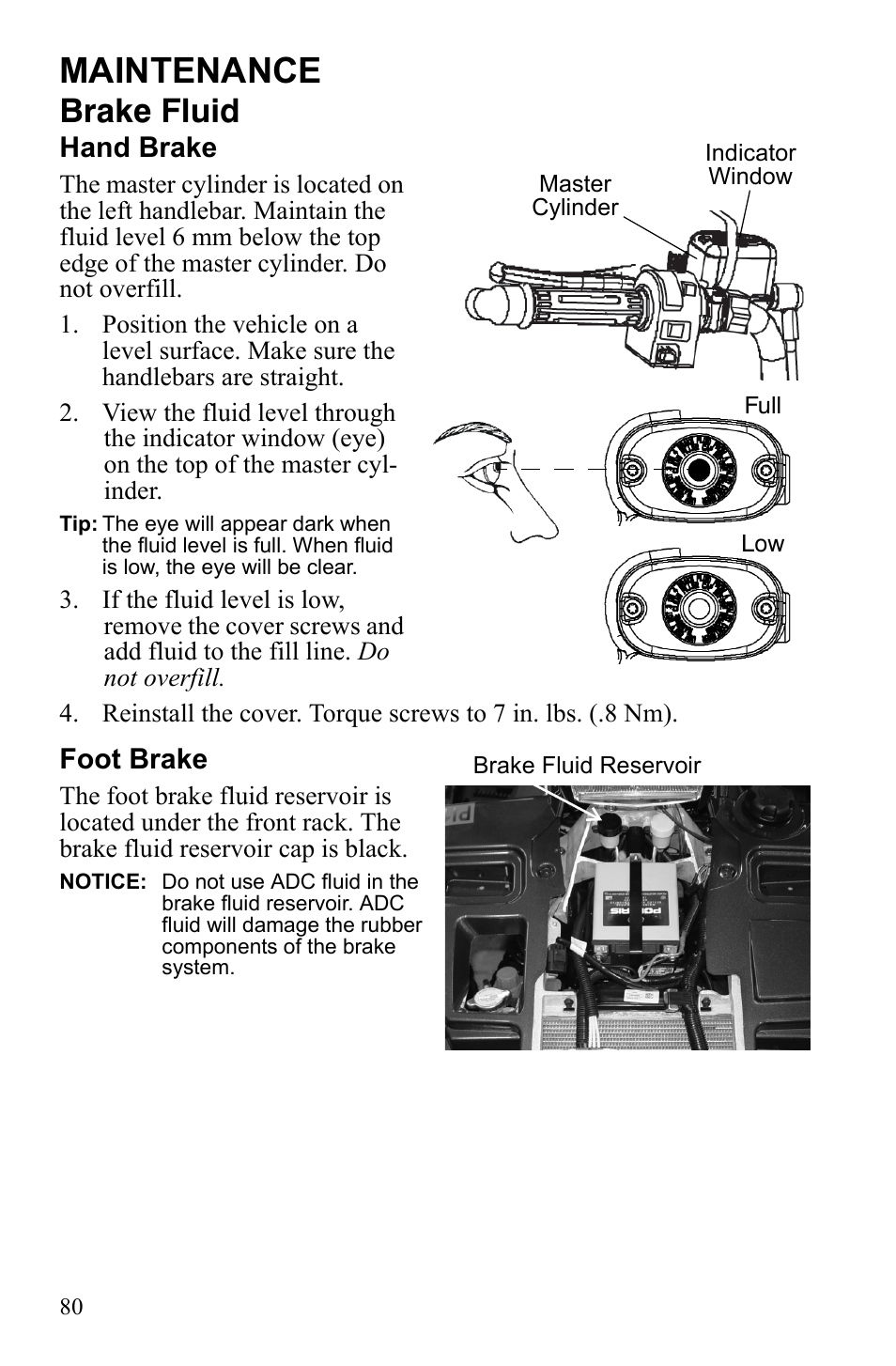 Maintenance, Brake fluid, Hand brake | Foot brake | Polaris Sportsman 550 XP User Manual | Page 83 / 137