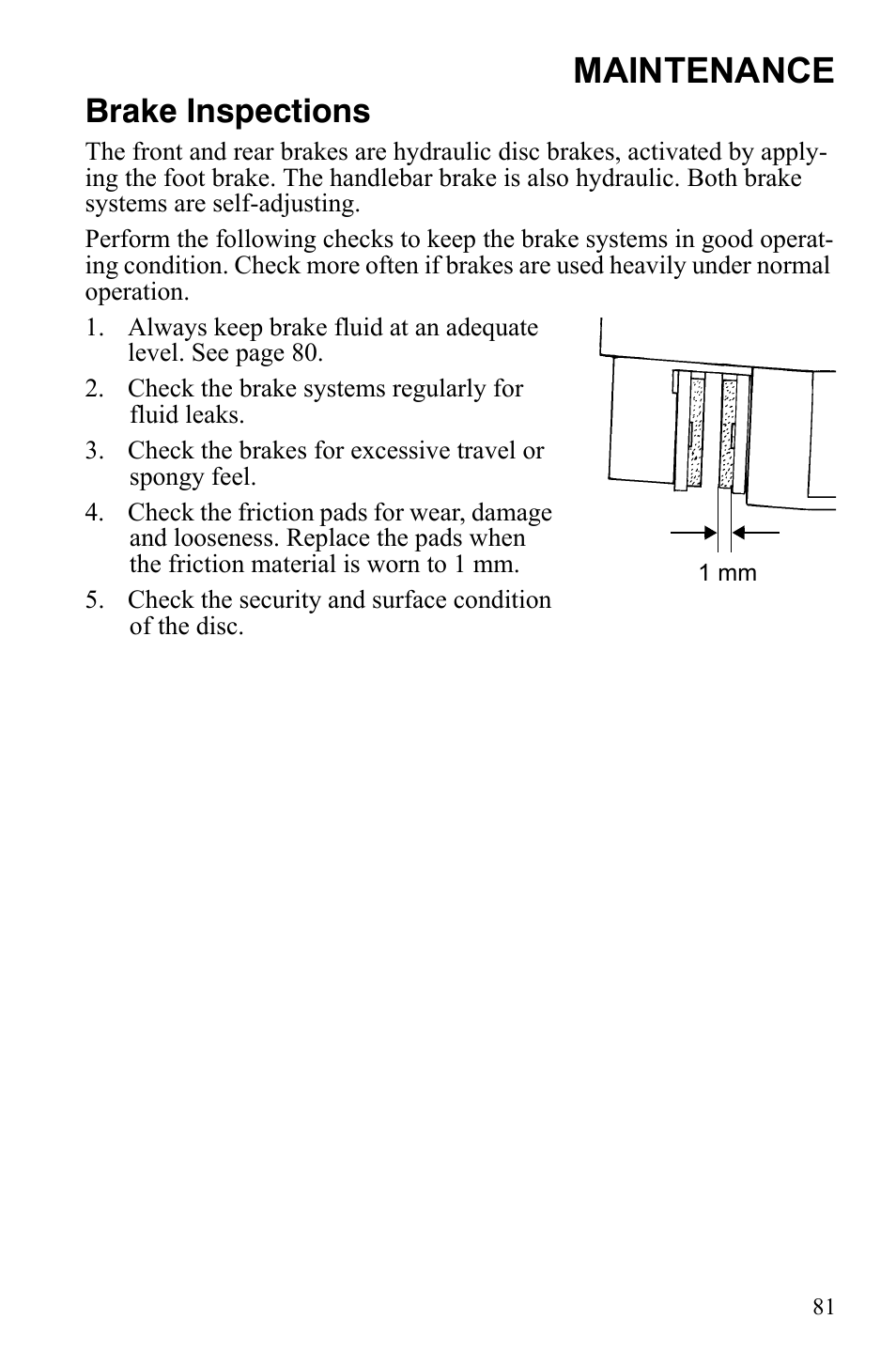 Maintenance, Brake inspections | Polaris Sportsman 550 XP User Manual | Page 84 / 137