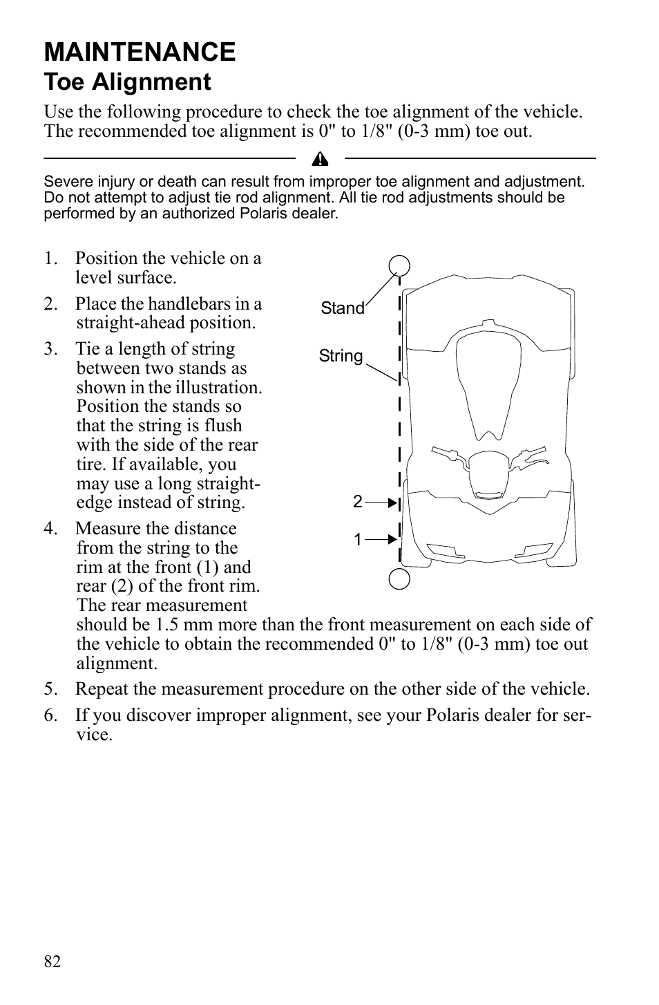 Maintenance, Toe alignment | Polaris Sportsman 550 XP User Manual | Page 85 / 137