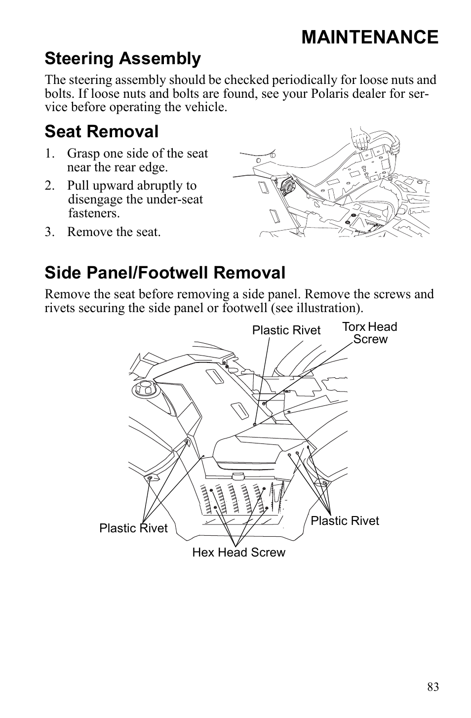 Maintenance, Steering assembly, Seat removal | Side panel/footwell removal | Polaris Sportsman 550 XP User Manual | Page 86 / 137