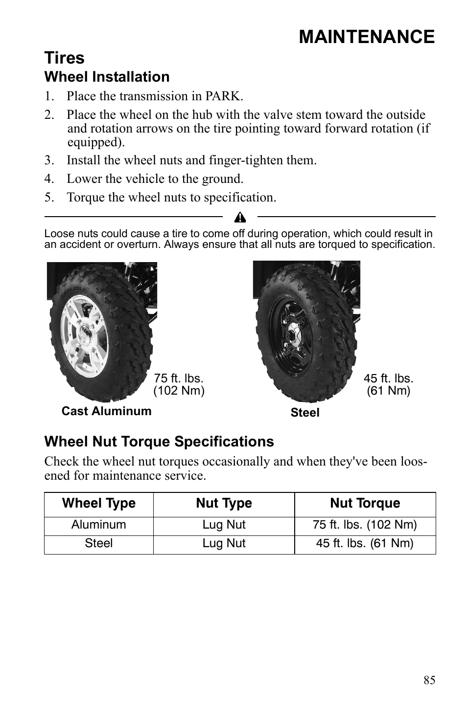 Maintenance, Tires | Polaris Sportsman 550 XP User Manual | Page 88 / 137