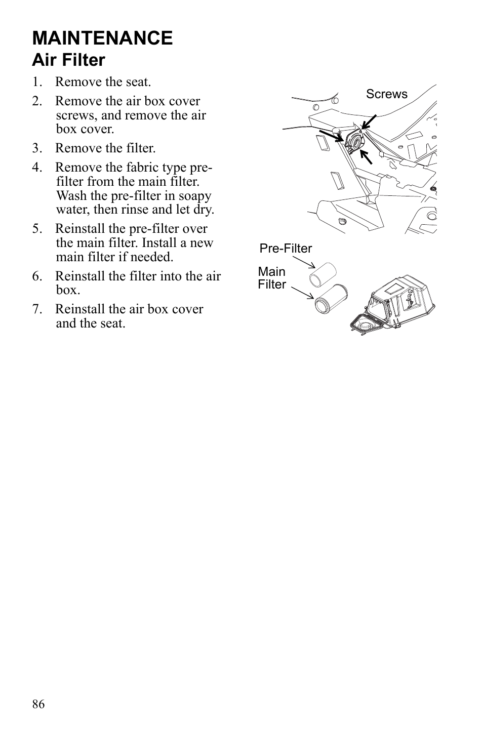Maintenance, Air filter | Polaris Sportsman 550 XP User Manual | Page 89 / 137