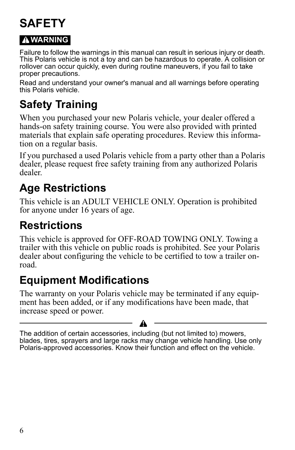 Safety, Safety training, Age restrictions | Restrictions, Equipment modifications | Polaris Sportsman 550 XP User Manual | Page 9 / 137