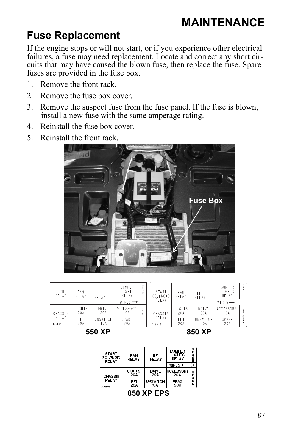 Maintenance, Fuse replacement | Polaris Sportsman 550 XP User Manual | Page 90 / 137