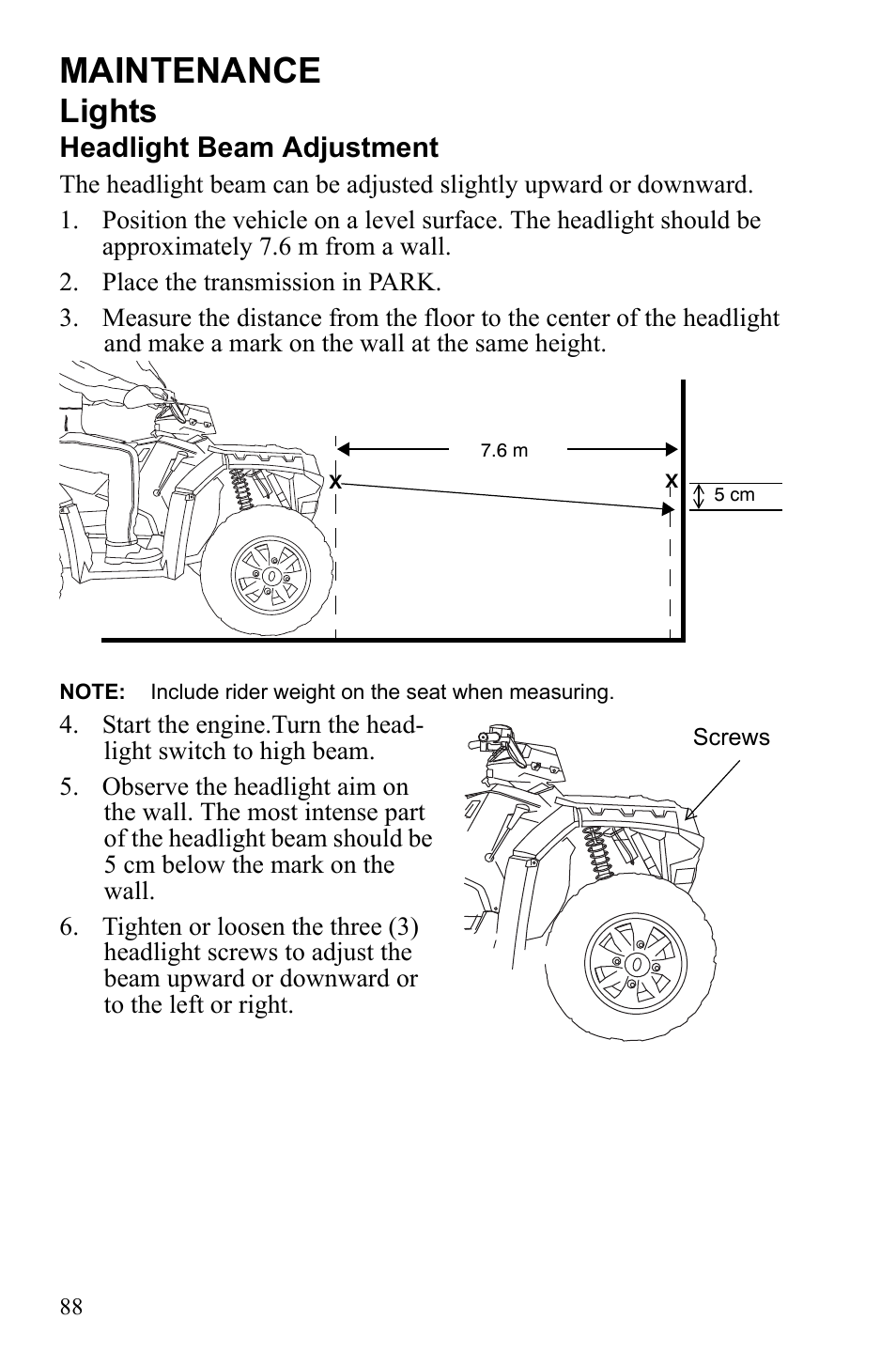 Maintenance, Lights, Headlight beam adjustment | Polaris Sportsman 550 XP User Manual | Page 91 / 137