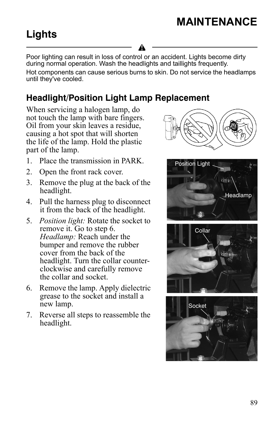 Maintenance, Lights, Headlight/position light lamp replacement | Polaris Sportsman 550 XP User Manual | Page 92 / 137