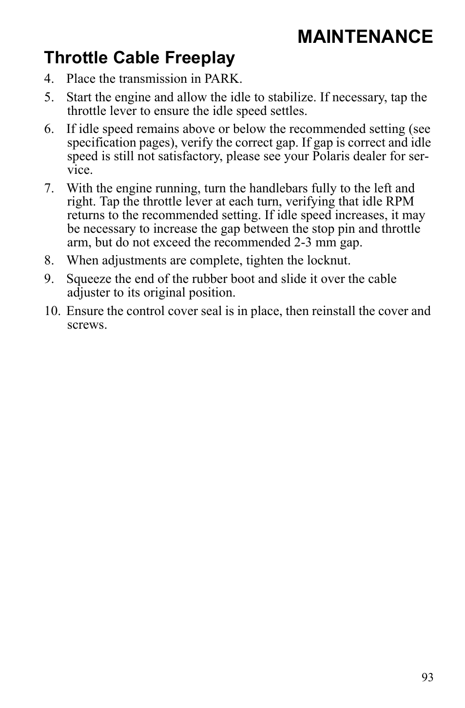 Maintenance, Throttle cable freeplay | Polaris Sportsman 550 XP User Manual | Page 96 / 137