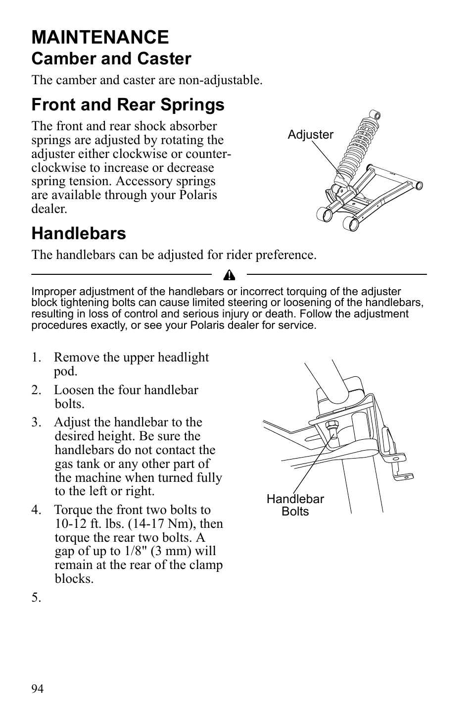 Maintenance, Camber and caster, Front and rear springs | Handlebars | Polaris Sportsman 550 XP User Manual | Page 97 / 137