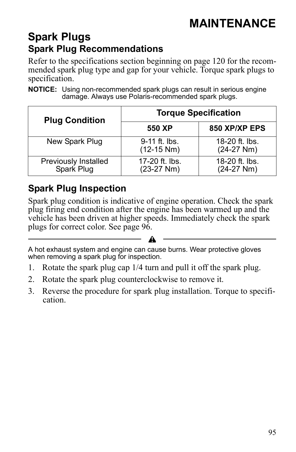 Maintenance, Spark plugs, Spark plug recommendations | Spark plug inspection | Polaris Sportsman 550 XP User Manual | Page 98 / 137