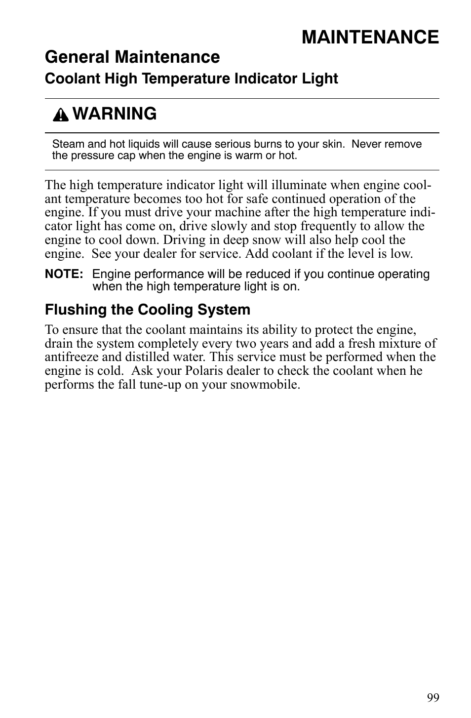 Maintenance, General maintenance, Warning | Polaris 600 Fusion User Manual | Page 102 / 145