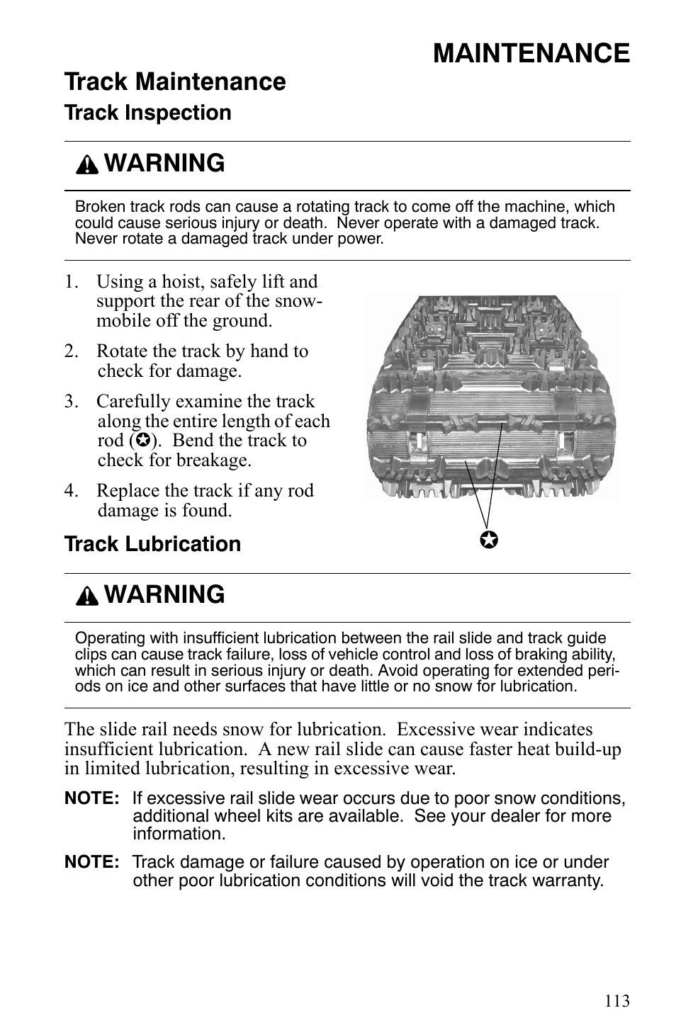 Maintenance, Track maintenance, Warning | Polaris 600 Fusion User Manual | Page 116 / 145