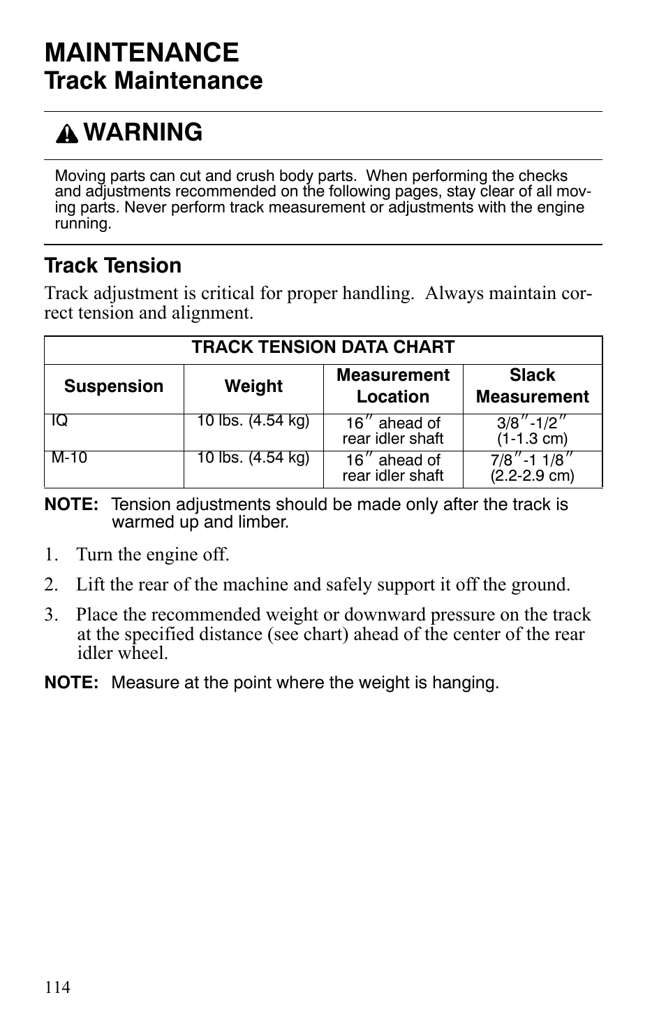 Maintenance, Track maintenance, Warning | Track tension | Polaris 600 Fusion User Manual | Page 117 / 145